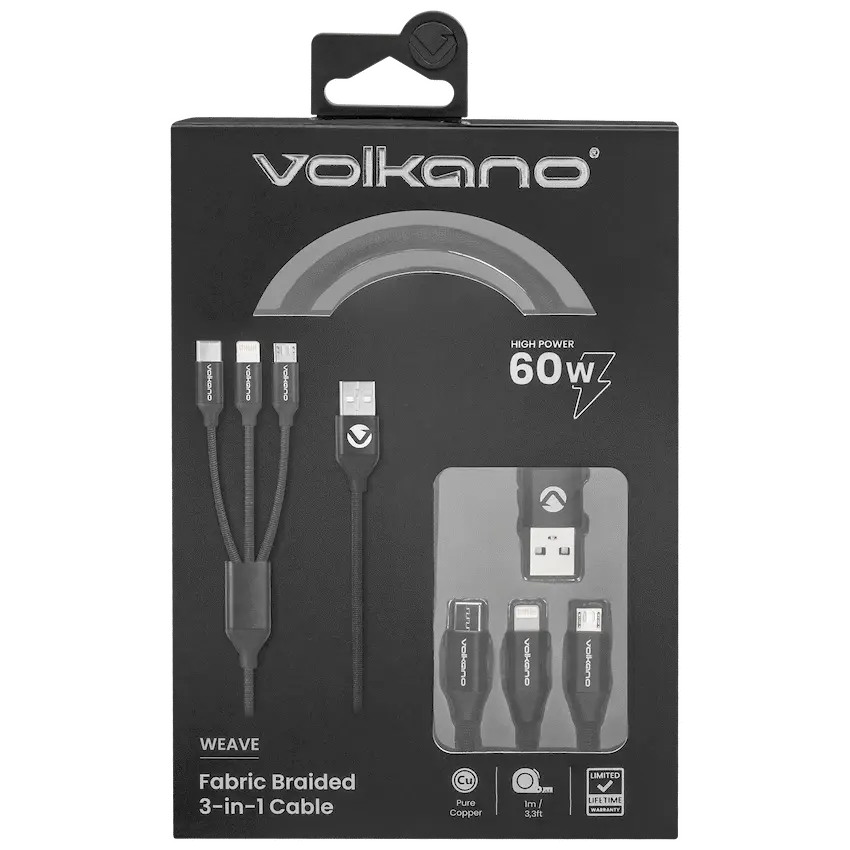 Câble tressé Volkano 3-en-1 (Type-C / Lightning / Micro USB) 1 m – Noir SMIE