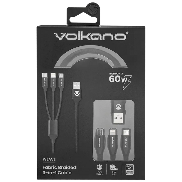 Câble tressé Volkano 3-en-1 (Type-C / Lightning / Micro USB) 1 m – Noir SMIE