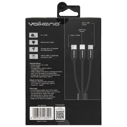 Câble tressé Volkano 3-en-1 (Type-C / Lightning / Micro USB) 1 m – Noir SMIE