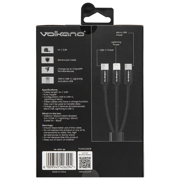 Câble tressé Volkano 3-en-1 (Type-C / Lightning / Micro USB) 1 m – Noir SMIE