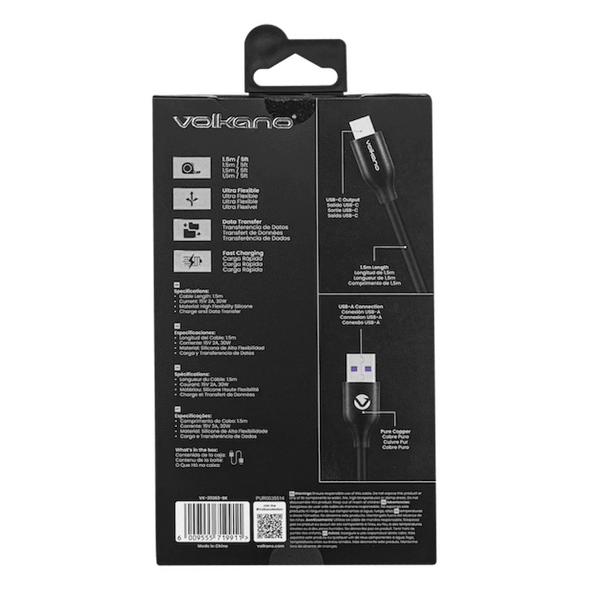 VOLKANO Câble Flexi Series USB to Type-C 1.5M 30W Noir SMIE
