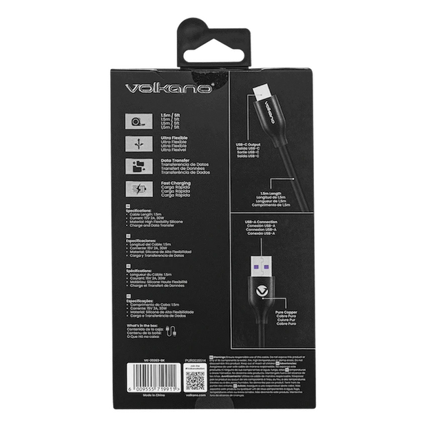 VOLKANO Câble Flexi Series USB to Type-C 1.5M 30W Noir SMIE