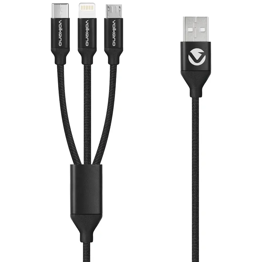 Câble tressé Volkano 3-en-1 (Type-C / Lightning / Micro USB) 1 m – Noir SMIE