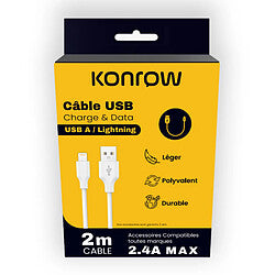 KONROW Cable CHARGE/SYNC. USB vers Lightning 2m 2.4A Blanc