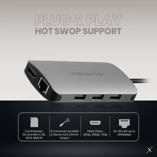 VOLKANO Dock USB-C HDMI/GbL/3xUSB3/Audio +Lect. SMIE